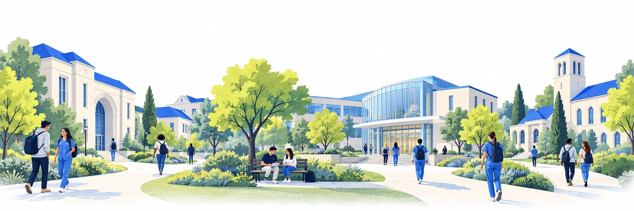 An illustrated dental campus with students studying and walking between classrooms.